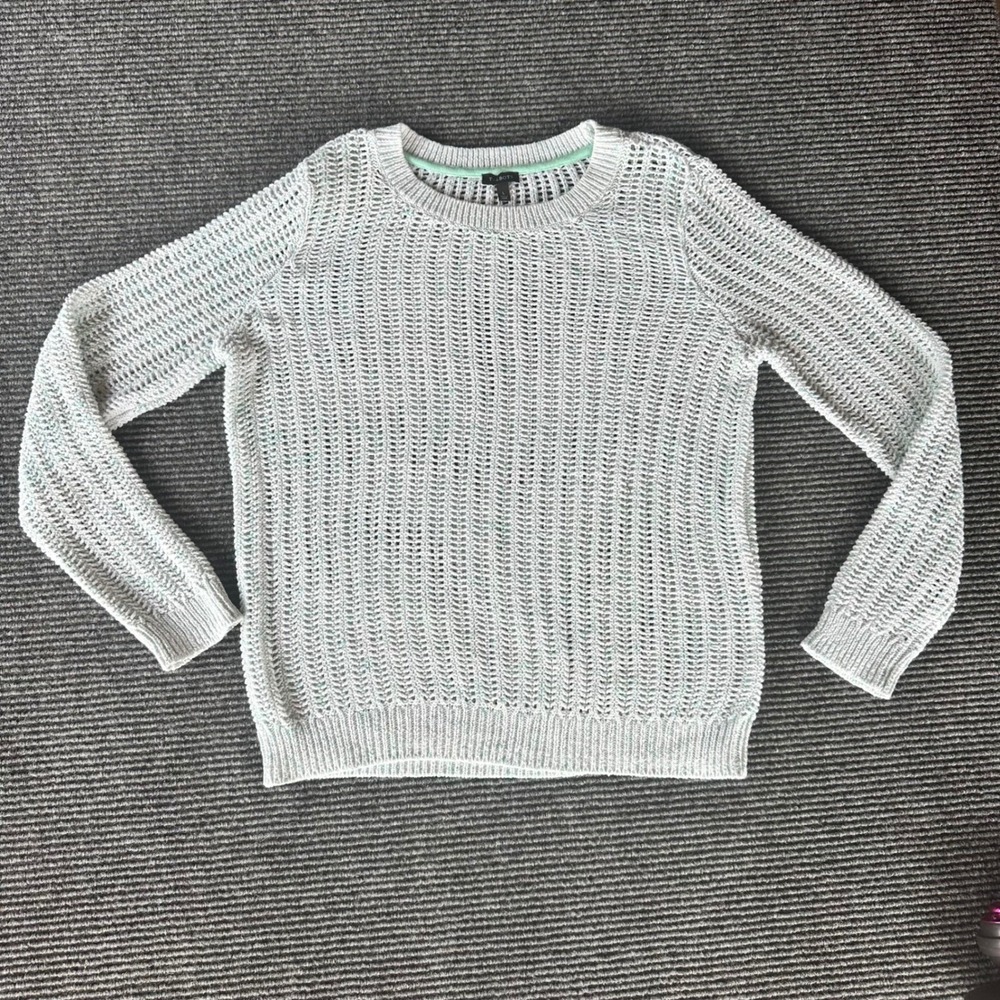 Talbots Womens L Mint Green White Marled Cotton Open Stitch Crew Neck Sweater